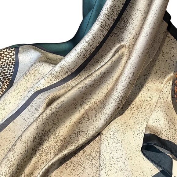 NEW Colorful Abstract Silky Fashion Scarf Burnt Orange Emerald Green & Beige - Picture 10 of 11